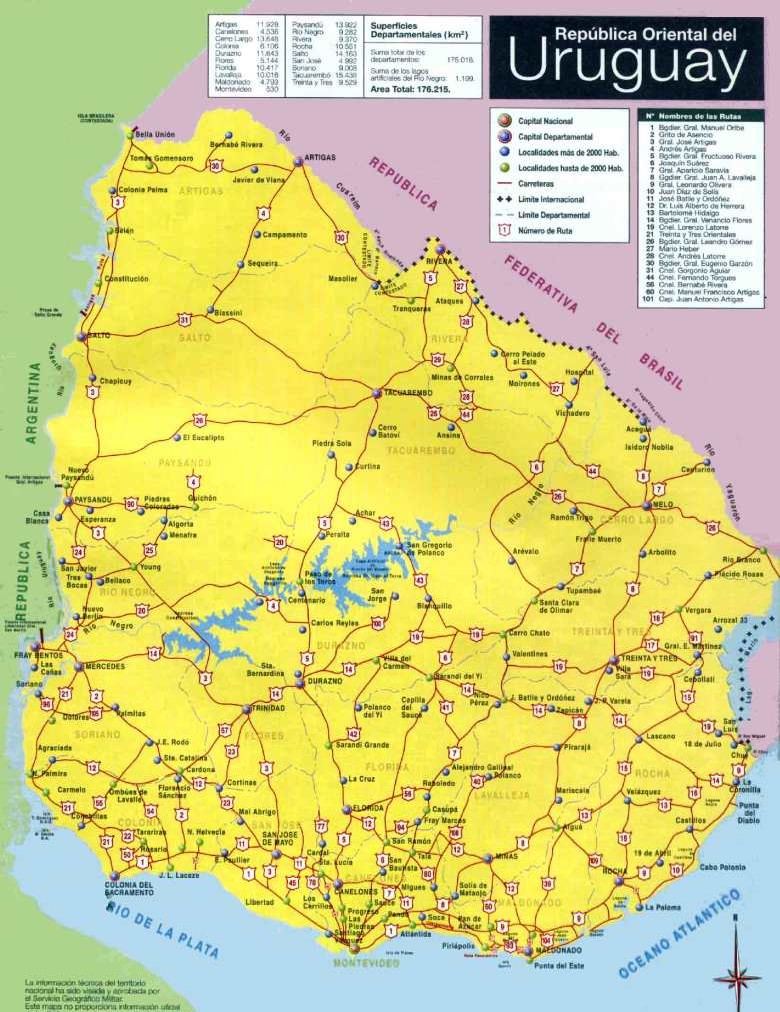 Mapa de Ciudades y pueblos de Uruguay